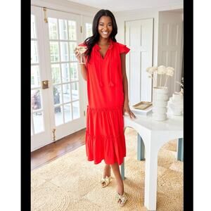 Sail to Sable Red Ruffle Neck Tiered Midi Dress Size Small Tassel Tie